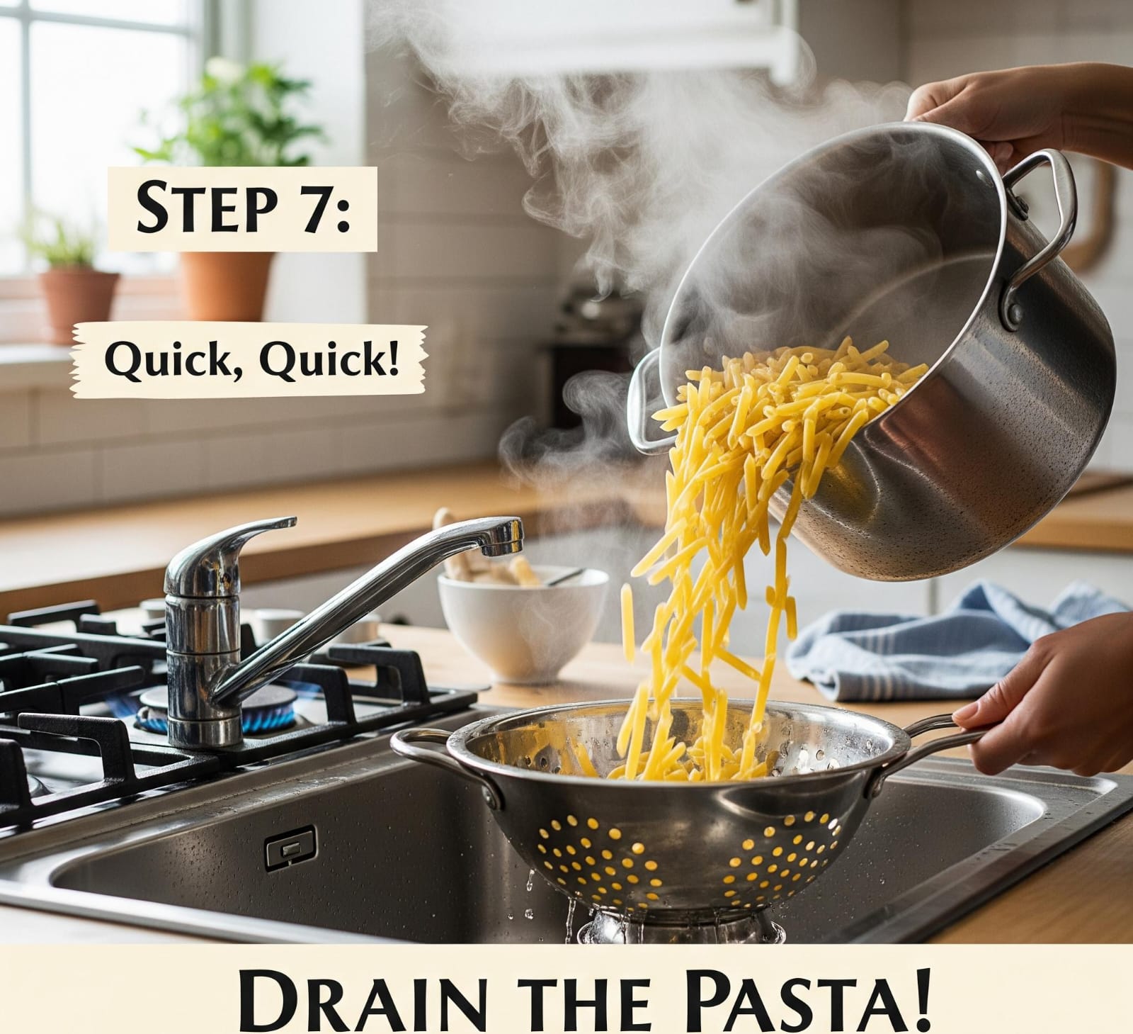 Step 7: Drain the Pasta! Quick, Quick!